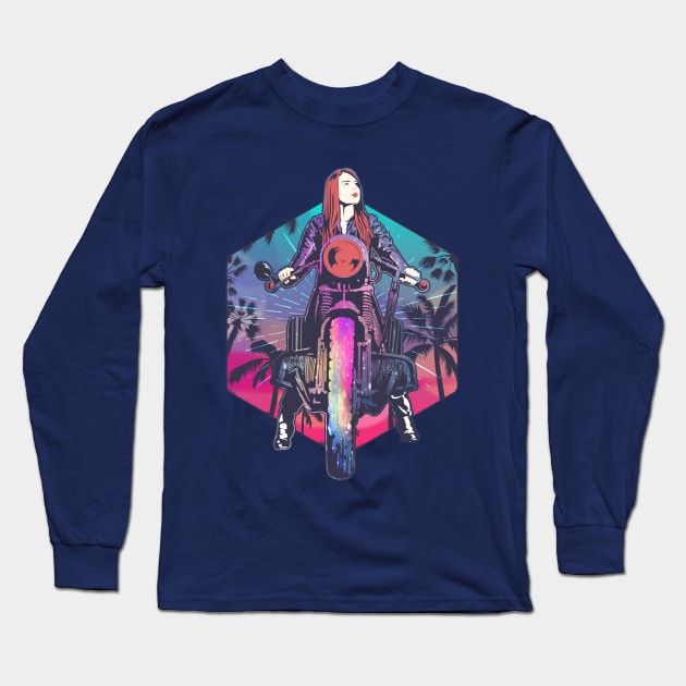 Female Biker, Biking Girl, Biker Girl, Retro Vintage Motorcyclist Girl, Sassy Biker, Badass Lady Biker, Biker Mom, Biking Mom, Racer Woman, Motorbiker Girl Who Ride Motorcycle, Motorbike Rider Girl Long Sleeve T-Shirt by BicycleStuff